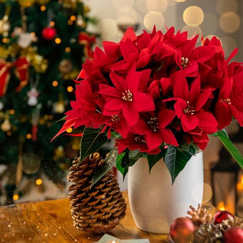 6 Pcs 15 Inch Artificial Poinsettia Bouquet, Faux Red 7 Stems Velvet Poinsettia Floral for Vases Wreaths Garland Indoor Outdoor Christmas Tree Ornament Home Porch Decorations - color: Red and White