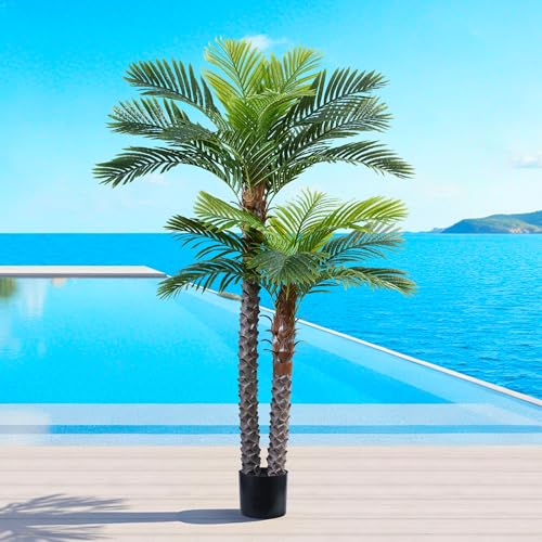 6FT Artificial Phoenix Palm Tree with Two Trunks UV Resistant Faux Sago Palm Plants for Indoor Outdoor, Realistic Large Tropical Decor for Home Office Patio Poolside Garden, Ready to Use in Cement Pot - color: 6ft-two Trunks-1pack, size: 6ft