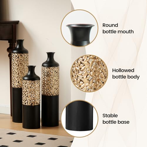 Floor Vases, Tall Home Decor Metal Vase Set of 3 Large Glazed Decorative Vases for Wedding Decor, Elegant Modern Flower Holder for Living Room, Entryway, Hallway - color: Leaf Cluster Black Gold