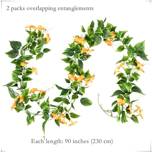 Fake Morning Glory Hanging Plants, Artificial Vines Silk Flowers Faux Ivy Plastic Greenery Garland Plant for Home Garden Yard Wall Fence Stairway Wedding Party Basket DIY Decoration Orange 2 Pack - color: Morning Glory Vines - Orange 2 Pcs