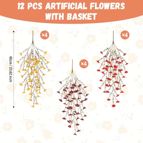 INXUGAO 12 PCS Fall Artificial Flowers Fake Plants with Hanging Basket | Realistic Silk Morning Glory Petunia Long Vines for Outdoor Garden Patio Front Porch Decor - color: Brown Orange Yellow