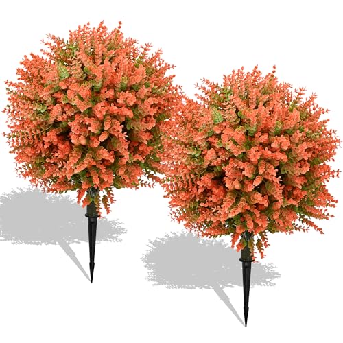 28" Artificial Boxwood Topiary Tree, UV Resistant Fall-Themed Faux Topiary for Outdoors & Indoors, Realistic Topiary Bush for Porch,Front Door, Patio,Thanksgiving & Seasonal Home Decor - color: Autumn Eucalyptus Topiary