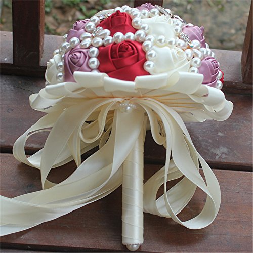 USIX Handcraft Popular Satin Rose Rhinestone Brooch Flower Pearl Bridal Holding Wedding Bouquet Wedding Flower Arrangements Bridesmaid Bouquet(Purple+Red) - color: Purple+red