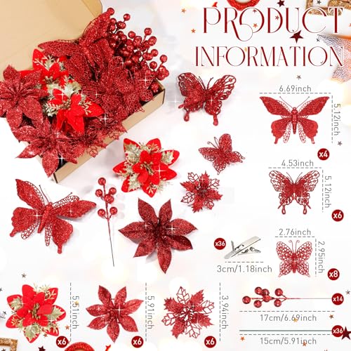 Thiccywoov 122 Pcs Christmas Glitter Poinsettia Artificial Flowers Berry Picks Butterfly Christmas Tree Ornaments 3 Styles Poinsettia kit with Clip for Xmas Wreath Home Tree Decor(Red) - color: Red