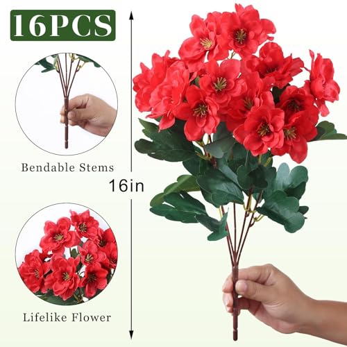 YXZZWL 16 Bundles Artificial Flowers for Front Door, Fake Silk Azalea Bouquet Silk Flowers for Outside UV Resistant Realistic Faux Plants for Planter Farmhouse Patio Garden Walkways Home Decor (Red) - color: Red