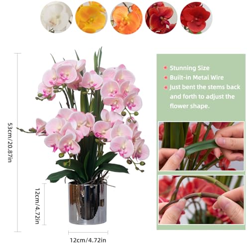 CXGS Artificial Orchid Flower Plants Real Touch Faux Orchids in Ceramic Vase 20.9'' Pink Phalaenopsis Orchid Fake Flower Arrangement Home Indoor Decor - color: Pink- Silver (12cm)