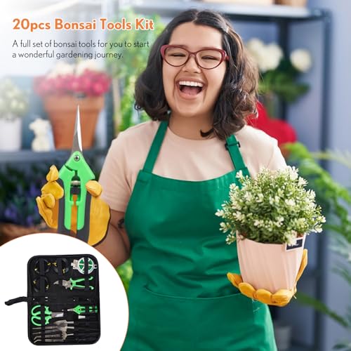 Bonsai Tools Kit 20 Pcs Garden Tools Set for Starters, Gardening Gifts for Women Men Includes Bonsai Wire Kit, Plant Mat, Pruning Shears, Bonsai Scissors, Succulent Tools in Leather Storage Bag - style: Green