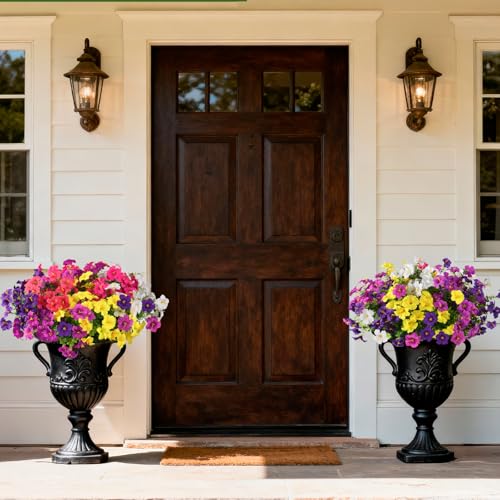 INQCMY Artificial Fake Flowers for Outdoors Decoration,12 Bundles Silk Colorful Morning Glory with Eucalyptus UV Resistant Look Real Faux Flowers for Planter Door Garden Porch Patio Balcony Yard - color: 1 Mixed Color(2 Double Purple,2 Deep Orchid,2 Yello