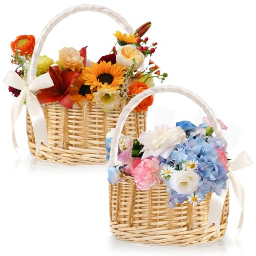 2 Pack Wicker Rattan Flower Girl Mini Basket, Handmade Wedding Flower Basket with Handle Silk Ribbon, Wicker Basket for Wedding Picnic Home Decor - size: Round Basket