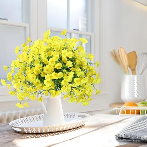 Artificial Flowers for Outdoors 12 Bundles Realistic Faux Plants UV Resistant Fake Silk Morning Glory with Eucalyptus for Front Door Planter Patio Porch Outside Spring Summer Decoration (Yellow) - color: Yellow