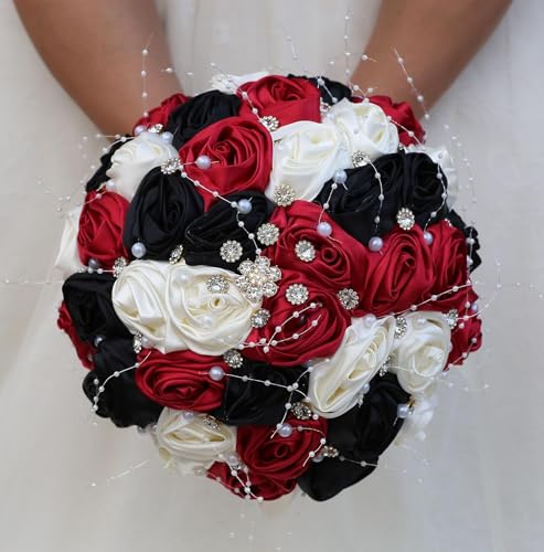 Ujicde Romantic Wedding Bouquet Bridal Bridesmaid Round Bling Brooch Bouquet Throw Toss Artificial Rose Flower Bunch with Sparkle Rhinestone Crystal Decoration(Red Black+Ivory,Dia. 6.3"*16cm) - color: Red Black+ivory, size: Dia. 6.3"*16cm