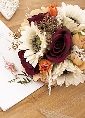 Ansofi Vintage Wedding Bouquet Bride Bridal Bouquets Burnt Orange Bridesmaid Bouquet Artificial Sunflower Rose Flowers for Ceremony Party Church