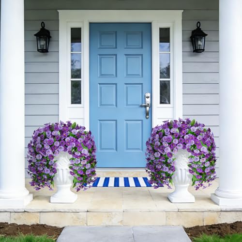 INXUGAO Artificial Fake Hanging Flowers Plants for Outdoor Decoration, 2PCS Faux Silk Morning Glory Long Vines Stems UV Resistant Look Real for Spring Summer Outside Home Porch Patio, Purple - color: Z-purple