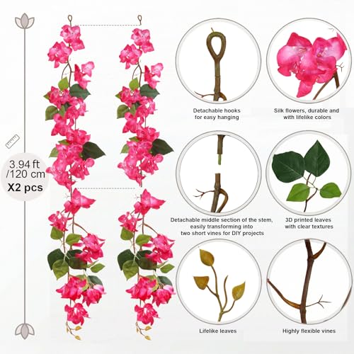 Bougainvillea Artificial Flowers Garlands, 3.94ft 2PCS Detachable UV Resistant Faux Bougainvillea Hanging Flowers Vines for Outdoor Patio Garden Decor(Hot Pink) - color: Hot Pink