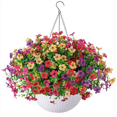 HyeFlora Artificial Faux Hanging Plants Flowers Basket for Outdoor Outside Spring Summer Decoration, Fake Silk UV Sun Resistant Realistic Colorful Daisy for Porch Patio Balcony Home - color: Mixed Color