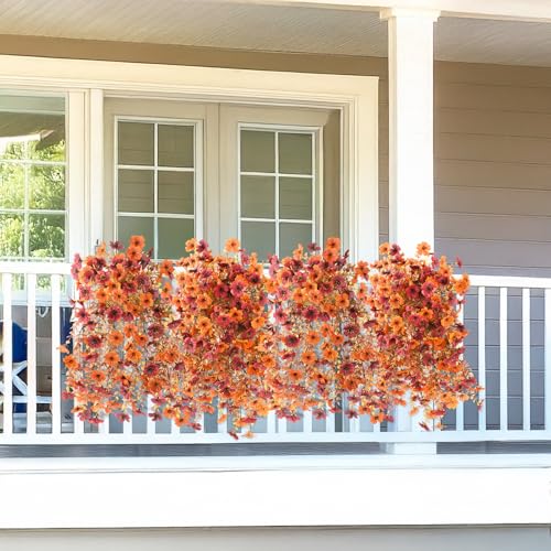 Homsunny Artificial Faux Mums Fall Flowers for Outdoor Outside Decoration, 2 PCS Fake Silk Daisy Flower Plants Realistic UV Resistant for Home Porch Balcony Patio Autumn Decor (Orange Brown - color: Orange Brown