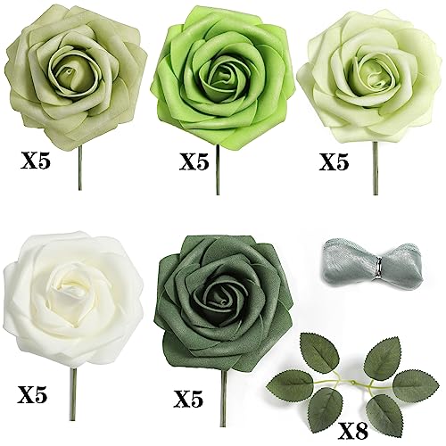 Rose Artificial Flowers Forest Green Ombre Color Foam Fake Roses with Stems 25pcs for DIY Wedding Bouquets Bridal Shower Centerpieces Party Decorations - color: Forest Green