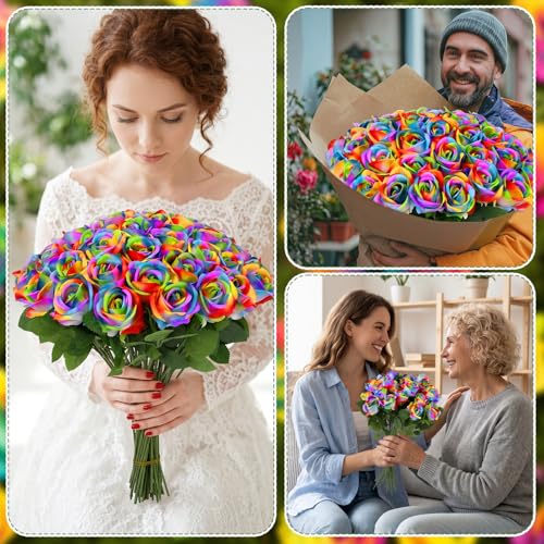 72 Pcs Artificial Roses Rainbow Fake Silk Roses Realistic Roses Faux Flower Indoor Wedding Home Decor, Birthday Decorations - color: Rainbow