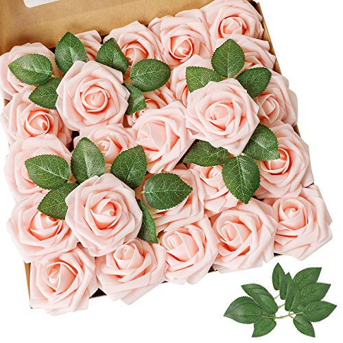 AmyHomie Artificial Flower Blush Pink Rose 50pcs Real Looking Fake Roses w/Stem for DIY Wedding Bouquets Centerpieces Arrangements Party Baby Shower Valentines Day Christmas Tree Decorations - color: Blush Pink
