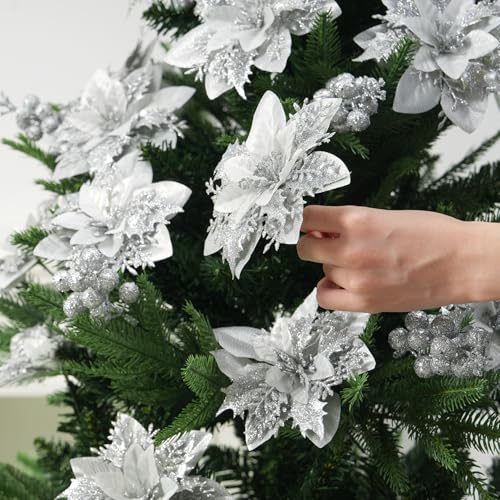 trytuny 50pcs Glitter Poinsettia Christmas Ornaments, Artificial Flowers with Clips Stems for DIY Wreath Making, Holiday Home Party Decorations, Indoor Use (Sliver) - color: Sliver