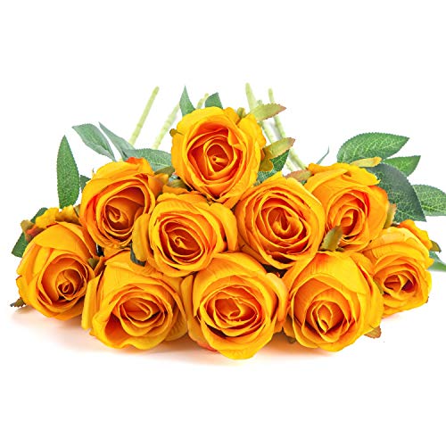 10pcs Artificial Rose Flowers Long Stem Fake Silk Roses for DIY Wedding Bouquet Table Centerpiece Home Decor (Orange) - color: Orange