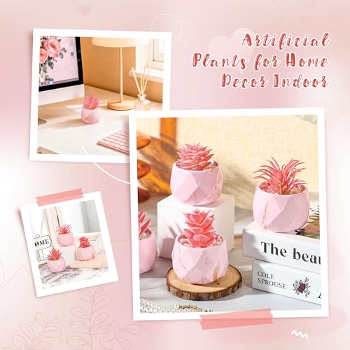Der Rose 4 Packs Pink Fake Plants Small Succulents Plants Artificial for Pink Bathroom Vanity Decor Office Desk Accessories Wedding Gifts for Women