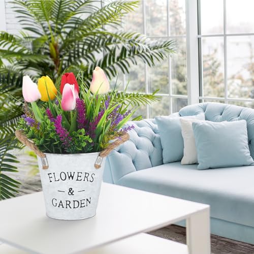Summer Spring Flower Table Centerpiece, 10" Tall Fake Tulips Lavender in Vase Farmhouse Floral Arrangement Artificial Potted Plants for Rustic Home Office Patio Decor Gift
