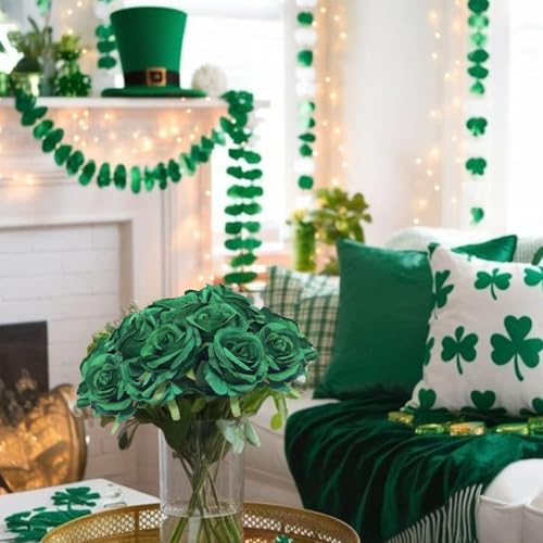 Felice Arts 12 Pack Green Roses Artificial Flowers with Stems Silk Roses for Vase Fake Flowers Bouquet for St Patricks Day Wedding Table Home Kitchen Party DIY Christmas Decor - color: Green