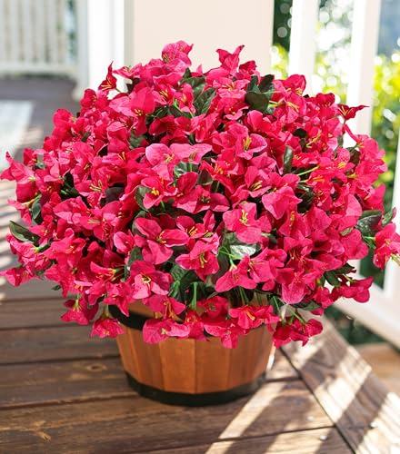 Fake Bougainvillea Artificial Flowers for Outdoors Spring Decor, 4 Bundles Outdoor Bougainvillea Silk Flowers for Outside Faux Plants UV Resistant Realistic for Planter Patio Porch Garden, Hotpink - color: Hotpink