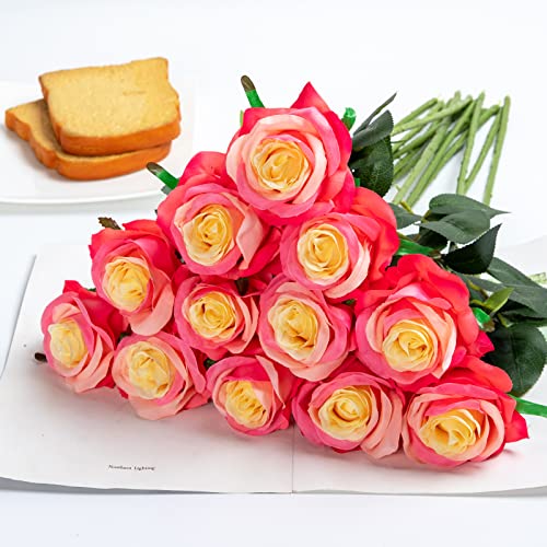 Hawesome 12PCS Artificial Silk Flowers Realistic Roses Bouquet Long Stem for Home Wedding Decoration Party (Gradient Dark Pink, 12Pcs Flowers) - color: Gradient Dark Pink, size: 12Pcs Flowers