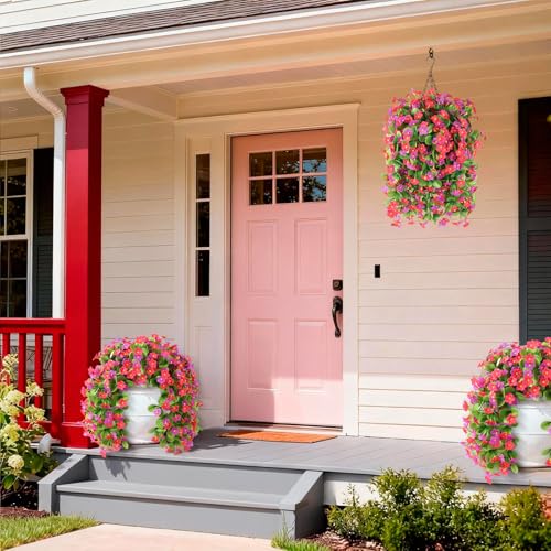 Artificial Fake Hanging Flowers for Outdoors, 2 Pcs Artificial Hanging Plants Outdoors Spring Summer Decor, UV Resistant Faux Violet Silk Flowers for Planters Front Door Yard Garden(Pink Rose Red) - color: Pink Rose Red