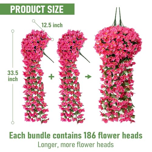 ATTGREAT Artificial Bougainvillea for Outdoors Faux Plants UV Resistant Flowers Fake Plastic Plants Realistic Silk Flowers for Porch Planter Garden Outside Hanging Decoration, 2Pcs (Rose Red) - color: Rose Red
