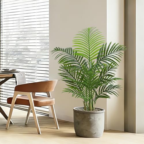 Artificial Palm Tree Indoor, 3.5FT Tall Faux Plants, Fake Tropical Silk Floor Plant with White Planter, Faux Areca Palm Plant Artificial Tree in Pot for Home Room Office Outdoor Patio Decor