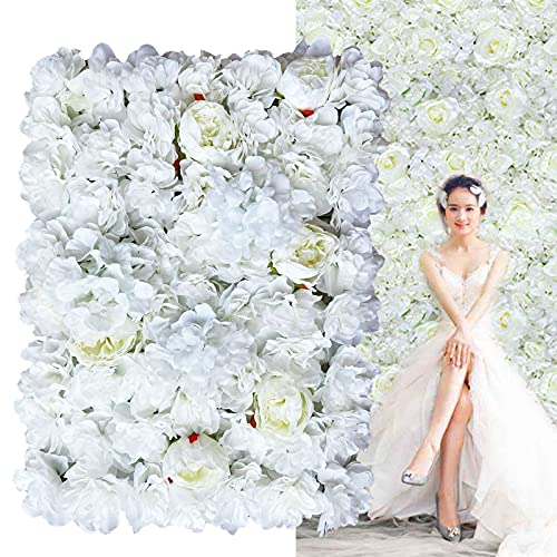 Flower Wall Panel Floral Backdrop, 6 Pcs 24" X 16" Silk Flower Wall Decor, Artificial Faux Rose Panel for Wedding, Party, Home (White Hydrangea) - color: White Hydrangea