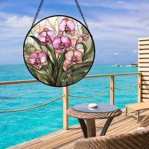 Stained Glass Window Hanging - Pink Phalaenopsis Orchid Green Leaves Sun Catcher for Door Home Decor Flower Suncatcher Christmas Mother's Day Birthday Gifts for Women Men Mom Nana 11.8 in - color: Pink, size: 11.8x11.8 IN