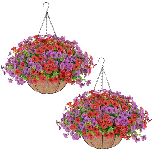 2 Set Artificial Flowers Hanging Plants in Basket,Artificial Hanging Flowers for Outdoor Indoor Decor,UV Resistant hanging Baskets with Fake Flowers for Spring Summer Patio Garden Porch Deck Decor - color: Red Purple, size: 2PCS