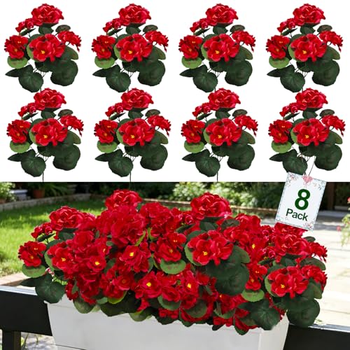 8 Bundles Artificial Geraniums Flowers for Outdoors Summer Decor, Fake Cemetery Flowers Silk Red Flower UV Resistant No Fade Faux Plants for Hanging Porch Garden Home Planter Patio Cemetery Decor - color: Red
