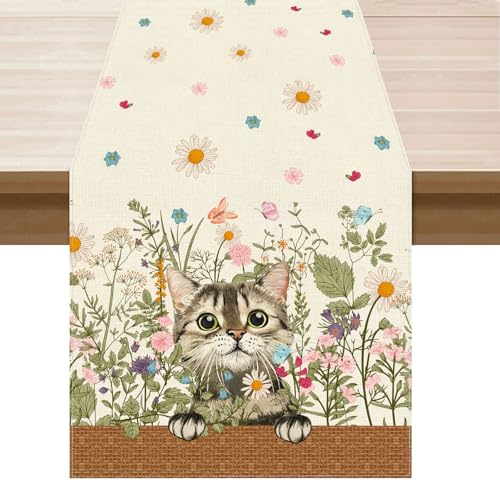 XCHI Wildflowers Cat Daisy Spring Table Runner Summer Table Decoration for Party Home Kitchen Dining Holiday Decor 13x60 Inch - size: 13x60 Inch