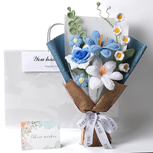 Crochet Flower Bouquet, Handmade Knitted Tulip Faux Crochet Flowers for Home Decor Valentine’s Day Anniversary Weddings Birthdays Mother’s Day, Includes Gift Bag and Greeting Card (Blue) - color: Blue