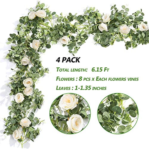 Der Rose 4 Pcs 26FT Artificial Flower Garland, Floral Eucalyptus Spring Garland with Champagne Rose, Faux Flower Vine for Wedding Arch Backdrop & Table Decor - color: Champagne 4 Pcs