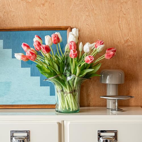 DUYONE 40pcs Artificial Tulips Flowers, FLatex Bouquet,Fake Tulips for Office Wedding Party Home Kitchen Garden Decoration - color: 40pcs White Set (No Vase)