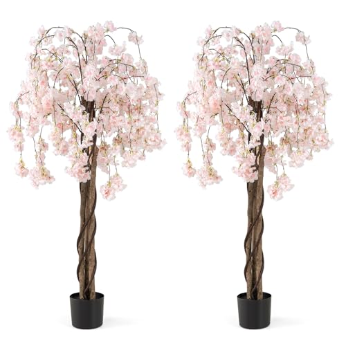 Goplus 5.5FT Artificial Cherry Blossom Tree, 2 Pack White Fake Flower Tree, Faux Floral Plant Blooming Tree in Nursery Pot, Tall Potted Artificial Tree for Indoor Home Office Porch Decoration - color: White, size: 2 Pack