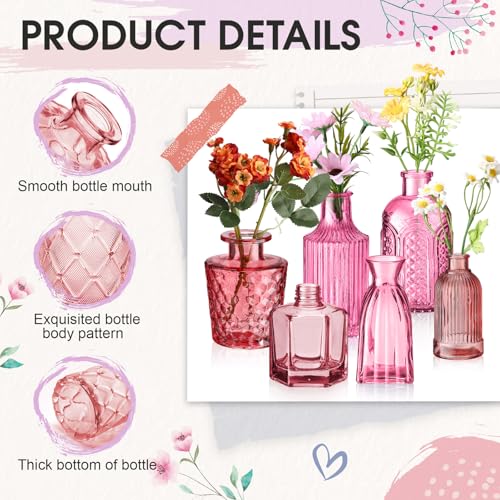 Yaomiao 30 Pcs Vases Bulk Colored Flower Glass Bud Vases Valentine Vintage Colored Glass Bottles Colorful Rustic Embossed for Home Wedding Table Decorations Gifts(Pink Series) - color: Pink Series