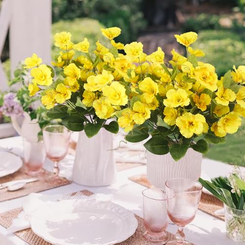 3 Pcs Artificial Flowers for Outdoors Hibiscus Spring Summer Decor Yellow Artificial Tropical Flowers Realistic UV Resistant Silk Hibiscus Flowers for Outside Planter Front Door Porch Patio - color: Yellow