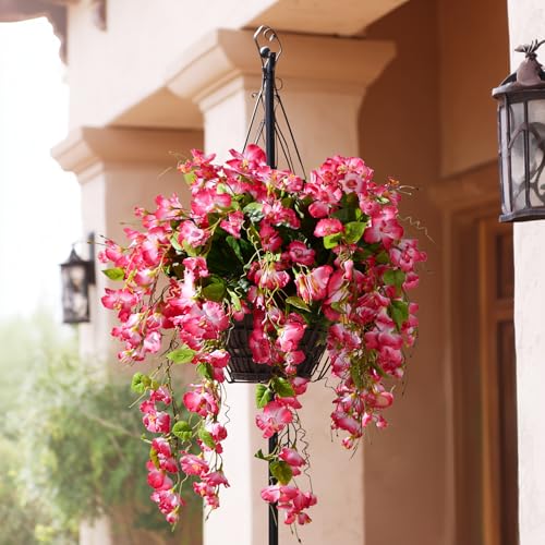 Hibiscus Artificial Hanging Flowers Plants for Outdoors 4 Pcs Fake Flower Faux Silk Hibiscus Long Trailing Vines Realistic Flower for Outside Front Door Porch Patio Balcony Garden Yard (4 Pcs Pink) - color: 4 Pcs Pink