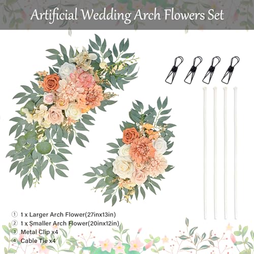 Burnt Orange Artificial Wedding Arch Flowers Set of 2, Fall Wedding Arch Floral Swags for Ceremony, Reception Welcome Sign, Backdrop Decoration - color: Orange