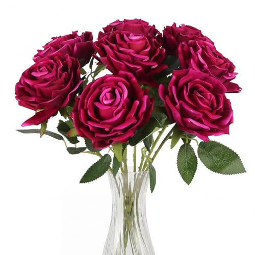 8Pcs Large Velvet Artificial Roses, Realistic Rose Flowers with Long Stems, 25.6 “ Faux Roses for DIY Wedding Bouquet, Valentine's Table Centerpiece, Home Bridal Outdoor Decorations（Purple） - color: Purple
