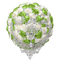 XINNI Brooch Bridal Wedding Bouquet Bride Bridesmaids Satin Rose Flower Bouquet with Bling Drop-Shaped Rhinestone for Wedding Light Green and Ivory - color: Grassgreen+ivory