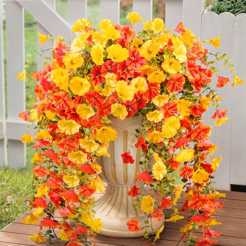 Artificial Flowers for Outdoors Fall Hanging, 4-pack Artificial Morning Glory includes 180 Flowers, Uv-Resistant Faux Silk Fake Realistic Plants for Home Garden Porch Patio Balcony Planter Yard - color: Orange