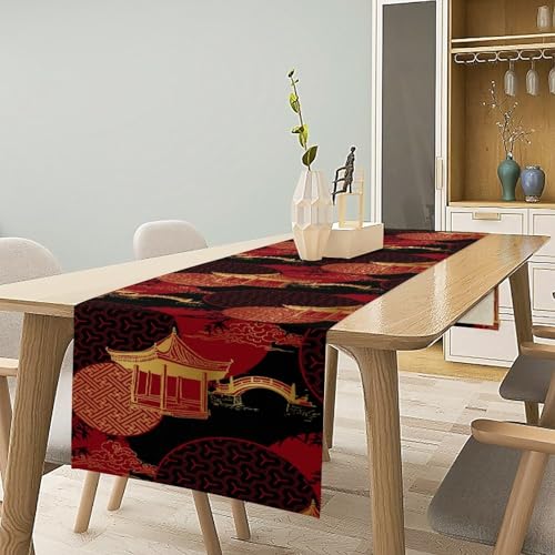 Japanese Table Runner, Red Asian Bamboo Pavilion Bridge Oriental Decor Table Runner for Dining Table Holiday Party Decorations 13x36in - color: Bamboo-4, size: 13x36in